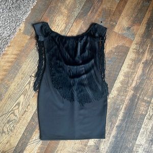Black dress with hanging things on front and back